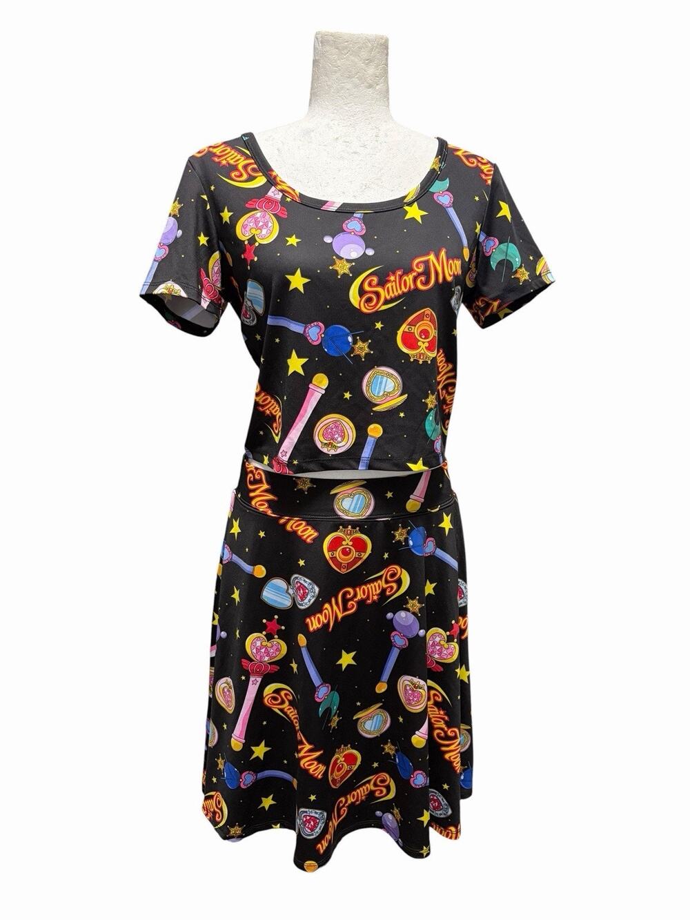 Sailor Moon 2 Piece Set Heart Wand Circle Skirt & Top Black Stretch Size Large